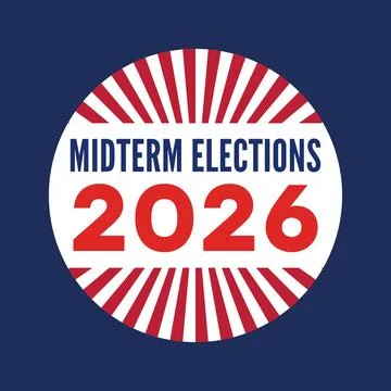Midterm Elections 2026 Circular Badge with Red White Sunburst Rays Stock Illustration