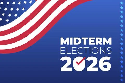 Midterm Elections 2026 Typography Banner with Flowing American Flag Wave Ba.. Ilustração Stock