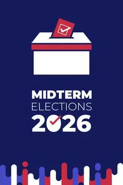 Midterm Elections 2026 Vertical Poster with Ballot Box Icon and Patriotic P.. Ilustración de archivo