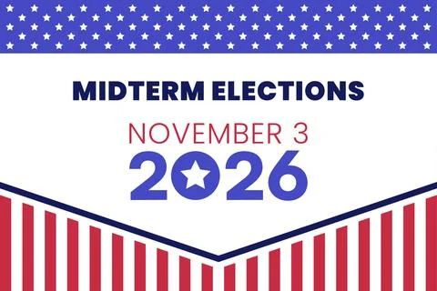 Midterm Elections November 3 2026 Poster with Stars Header and Striped Bott.. Stock Illustration