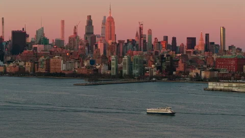 Midtown Manhattan, Skyline, Empire State Building, Aerial, Sunset, Boat, 4K60p Stock Footage 303948580