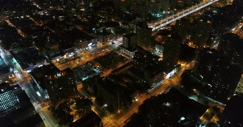 Midtown skyline close diagonal aerial view in New York City Stock Footage 76969083