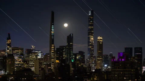 Midtown Star Trails Moonset Crop Stock Footage 218337384