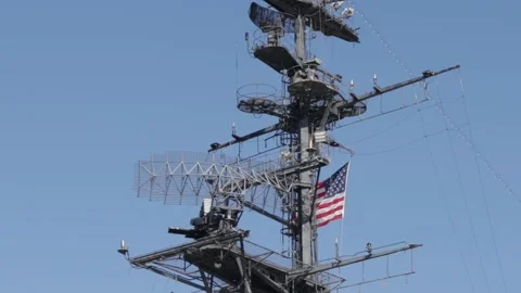 Midway Ship Crows Nest With American Flag And Spinning Dishes 스톡 동영상 221752652