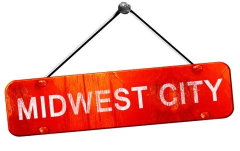 Midwest city, 3D rendering, a red hanging sign Stock Illustration