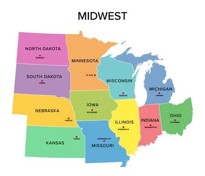 Midwest, U.S. census region, multi colored political map Stock Illustration
