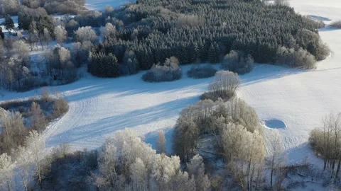 Midwinter in nature park with fields and groves, aerial Stock Footage 291685743