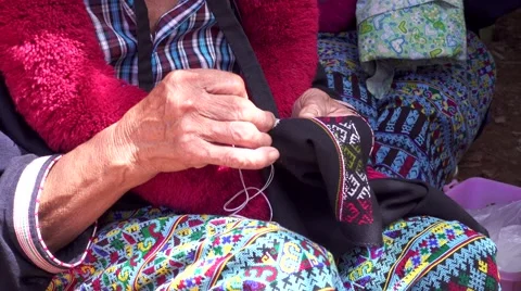 Mien hilltribe embroider pattern colored thread. Stock Footage 68341293