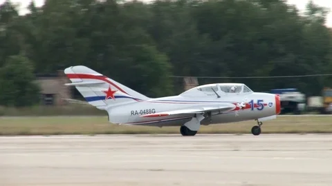MiG-15UTI NATO codification Midget steers runway after landing. Stock Footage 117541939