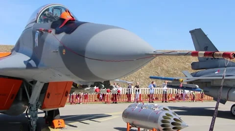 MIG - 29 Multirole fighter. Army equipment show Stock Footage 41697141