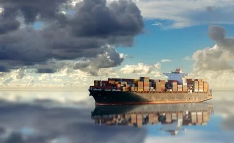 Mighty container ships in ocean at sunrise underway performing import and exp Stock Photos