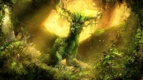 A mighty forest dragon stands majestically in the sunlight, in the middle of  스톡 일러스트