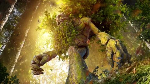A mighty huge ancient ent is walking through an ancient sunlit forest with .. Illustrazione stock