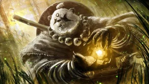 A mighty humanoid panda warrior in old rags with a round hat on his back and  Stock Illustration