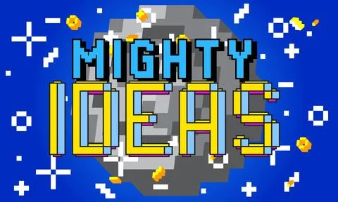 Mighty Ideas. Pixelated word with geometric graphic background. Vector cart.. Stock Illustration