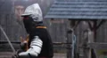 Mighty knight attacking rival with sword during tournament, medieval competition HD Footage