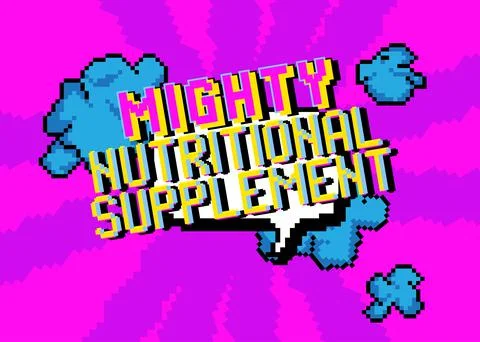 Mighty Nutritional Supplement. pixelated word with geometric graphic backgrou Stock Illustration