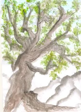 Mighty old tree with green spring leaves Illustration