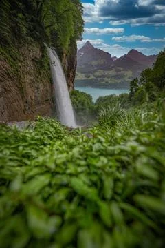 A mighty waterfall flowing from a mountain surrounded by green grass 写真素材