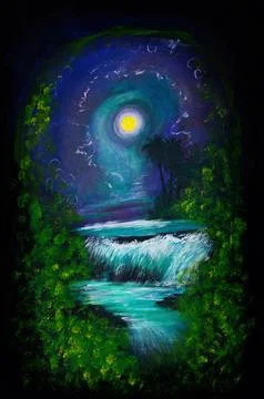 Mignight moon over forest waterfall Stock Illustration
