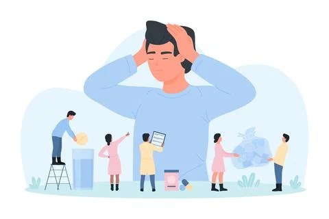 Migraine treatment, tiny doctors help man suffering from headache with ice pack Stock Illustration