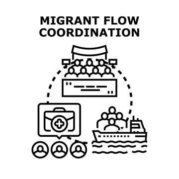 Migrant flow coordination organizing assistance and support Stock Illustration