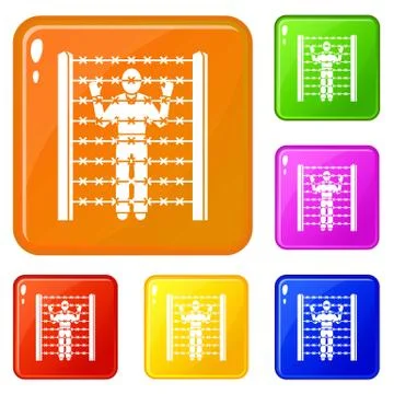 Migrant man at border icons set color Stock-Illustration