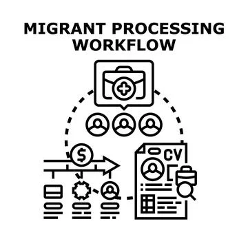 Migrant processing workflow concept illustration Stock Illustration