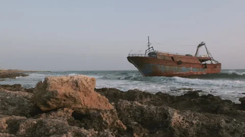 Migrant ship stranded on the coast Stock Footage 246292532