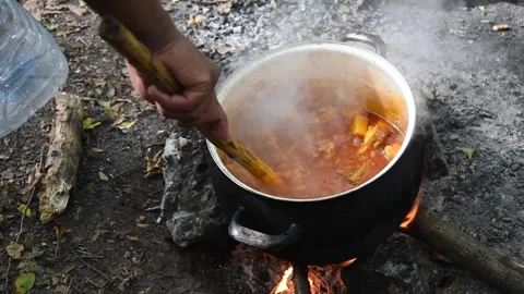 Migrants cooking food in the forest. Stock Footage