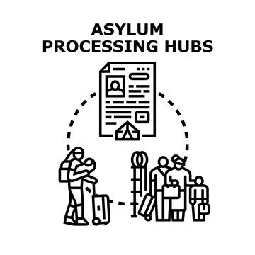 Migrants seeking refuge, navigating asylum processing hubs Stock Illustration