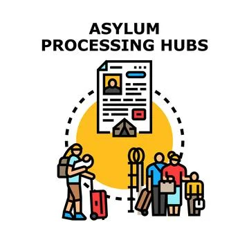 Migrants seeking refuge, navigating asylum processing hubs Stock Illustration