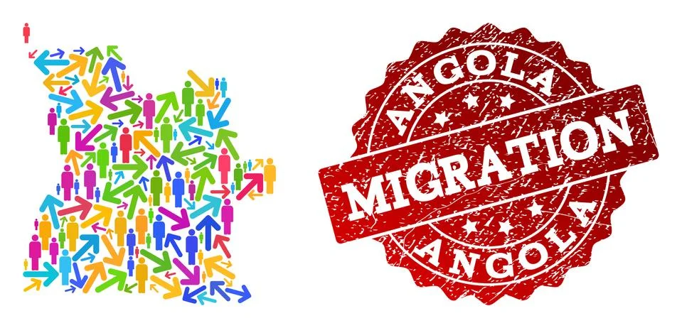 Migration Collage of Mosaic Map of Angola and Grunge Seal Stock Illustration