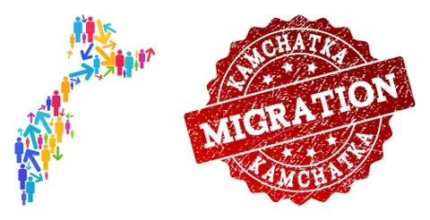 Migration Collage of Mosaic Map of Kamchatka Peninsula and Distress Seal Stamp Stock Illustration