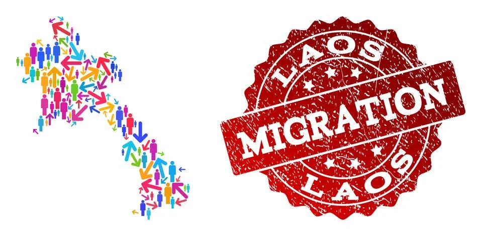 Migration Collage of Mosaic Map of Laos and Distress Seal Stock Illustration