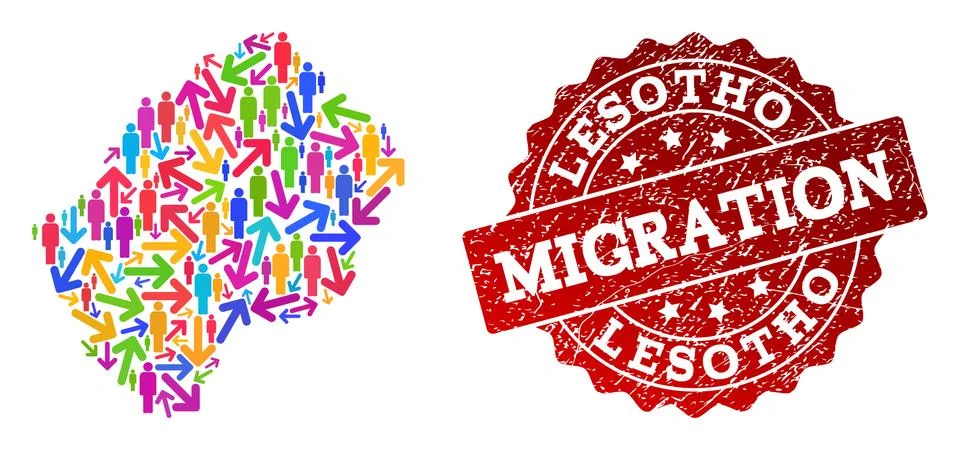 Migration Collage of Mosaic Map of Lesotho and Scratched Seal Illustrazione stock