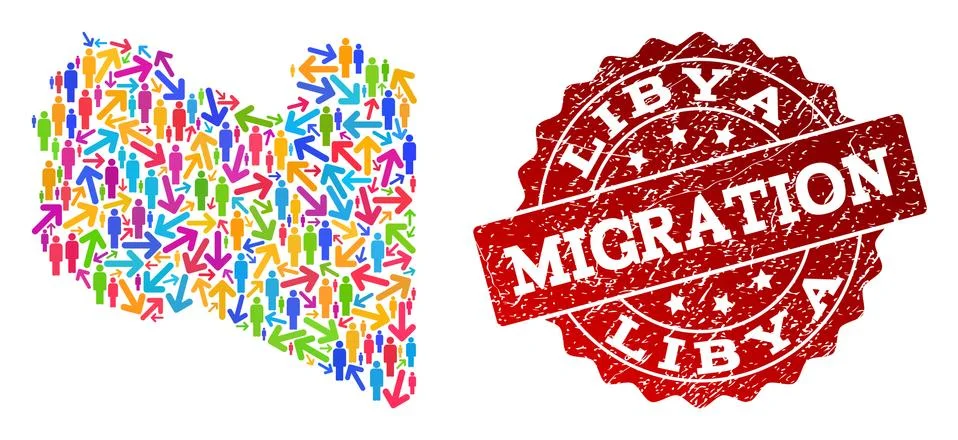 Migration Collage of Mosaic Map of Libya and Grunge Seal Stock Illustration