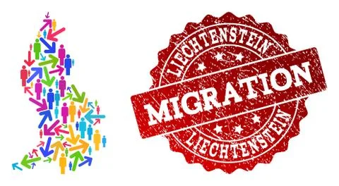 Migration Collage of Mosaic Map of Liechtenstein and Textured Seal Stamp Stock Illustration