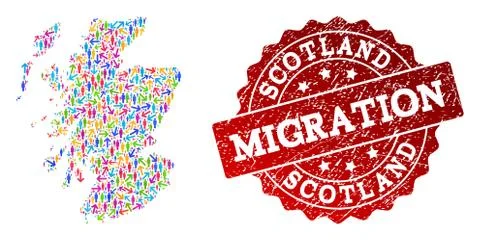 Migration Collage of Mosaic Map of Scotland and Scratched Seal Stamp Stock Illustration