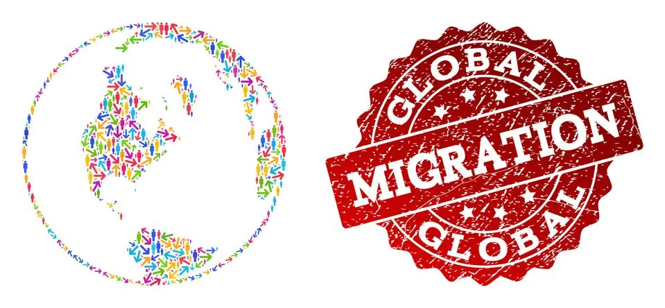 Migration Composition of Mosaic Global Map of World and Textured Seal Stamp Stock Illustration