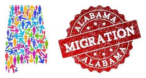 Migration Composition of Mosaic Map of Alabama State and Distress Seal Stock Illustration