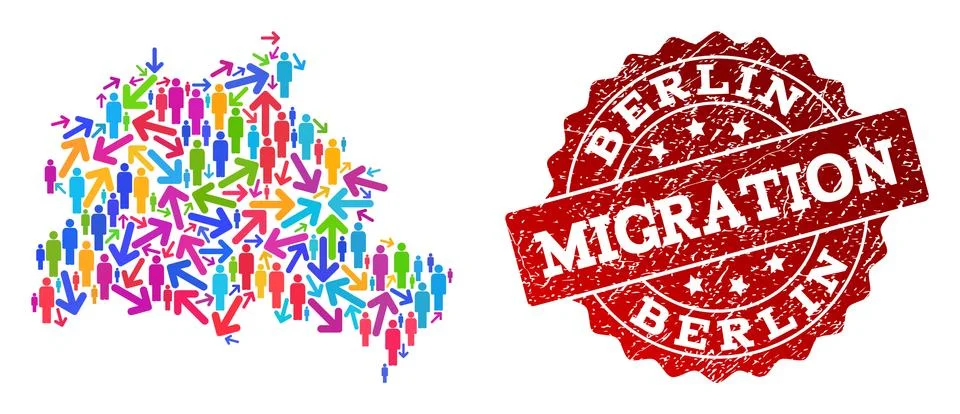 Migration Composition of Mosaic Map of Berlin City and Scratched Seal Stock Illustration
