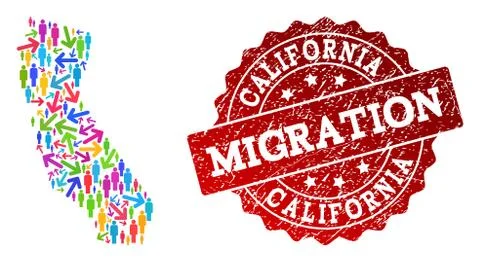 Migration Composition of Mosaic Map of California and Grunge Seal Illustrazione stock