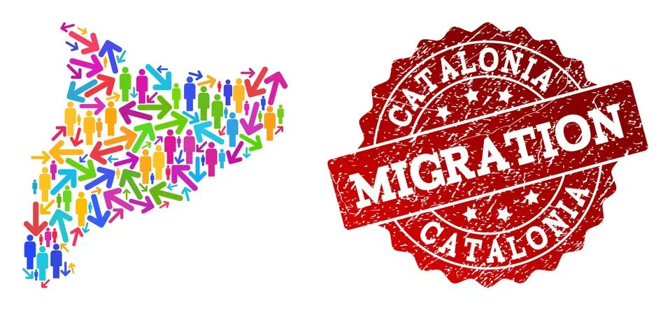 Migration Composition of Mosaic Map of Catalonia and Grunge Seal Stamp Stock Illustration