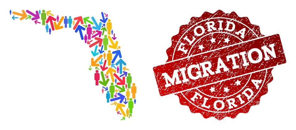 Migration Composition of Mosaic Map of Florida State and Scratched Stamp Stock Illustration