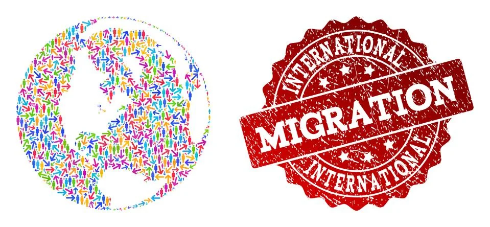 Migration Composition of Mosaic Map of Global World and Distress Seal Stock Illustration