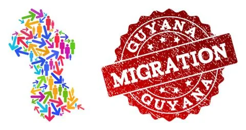 Migration Composition of Mosaic Map of Guyana and Grunge Seal Stock Illustration
