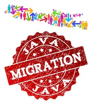 Migration Composition of Mosaic Map of Java Island and Grunge Seal Stamp Stock-Illustration