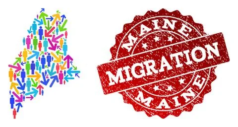 Migration Composition of Mosaic Map of Maine State and Textured Seal Stock Illustration