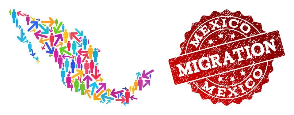 Migration Composition of Mosaic Map of Mexico and Scratched Stamp Stock Illustration
